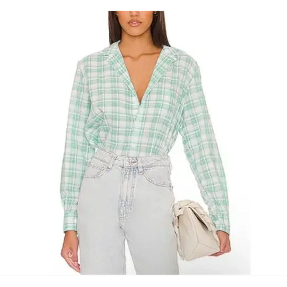 Frank & Eileen Eileen Button Up Shirt Mint White Plaid 100% Cotton Italy XS